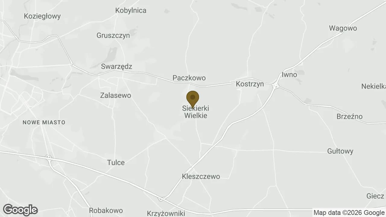 Mapa okolicy z zaznaczonym salonem Dog-Art w Siekierkach Wielkich — na południe od Kostrzyna, na wschód od Swarzędza i od wschodnich dzielnic Poznania